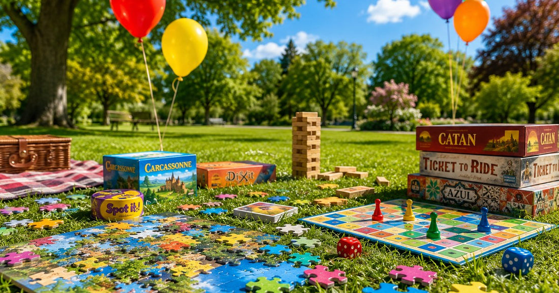 Puzzle-uri colorate si jocuri pe iarba intr-un parc insorit, cu baloane - Caravana Bucuriei
