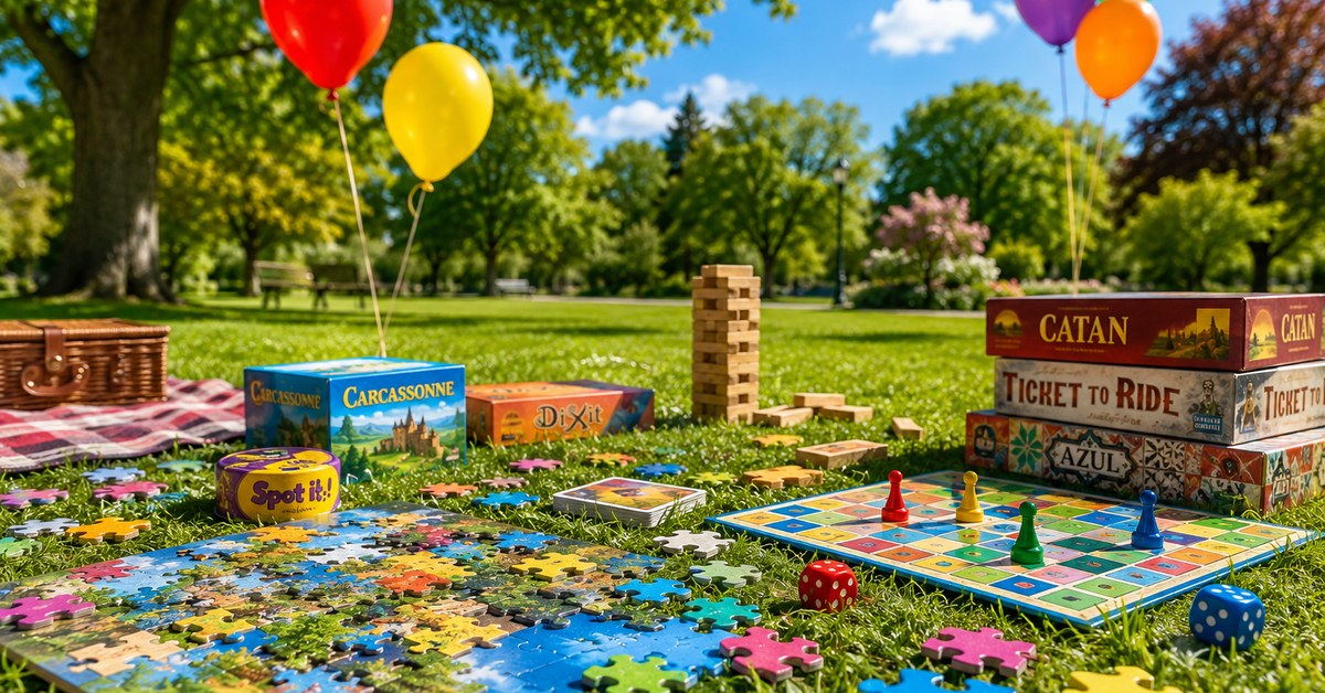Puzzle-uri colorate si jocuri pe iarba intr-un parc insorit, cu baloane - Caravana Bucuriei