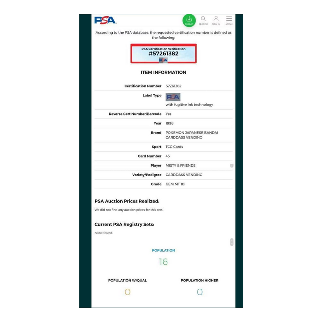 Cartonas PSA 10 GEM MINT – “Misty & Friends” #43 (1998)