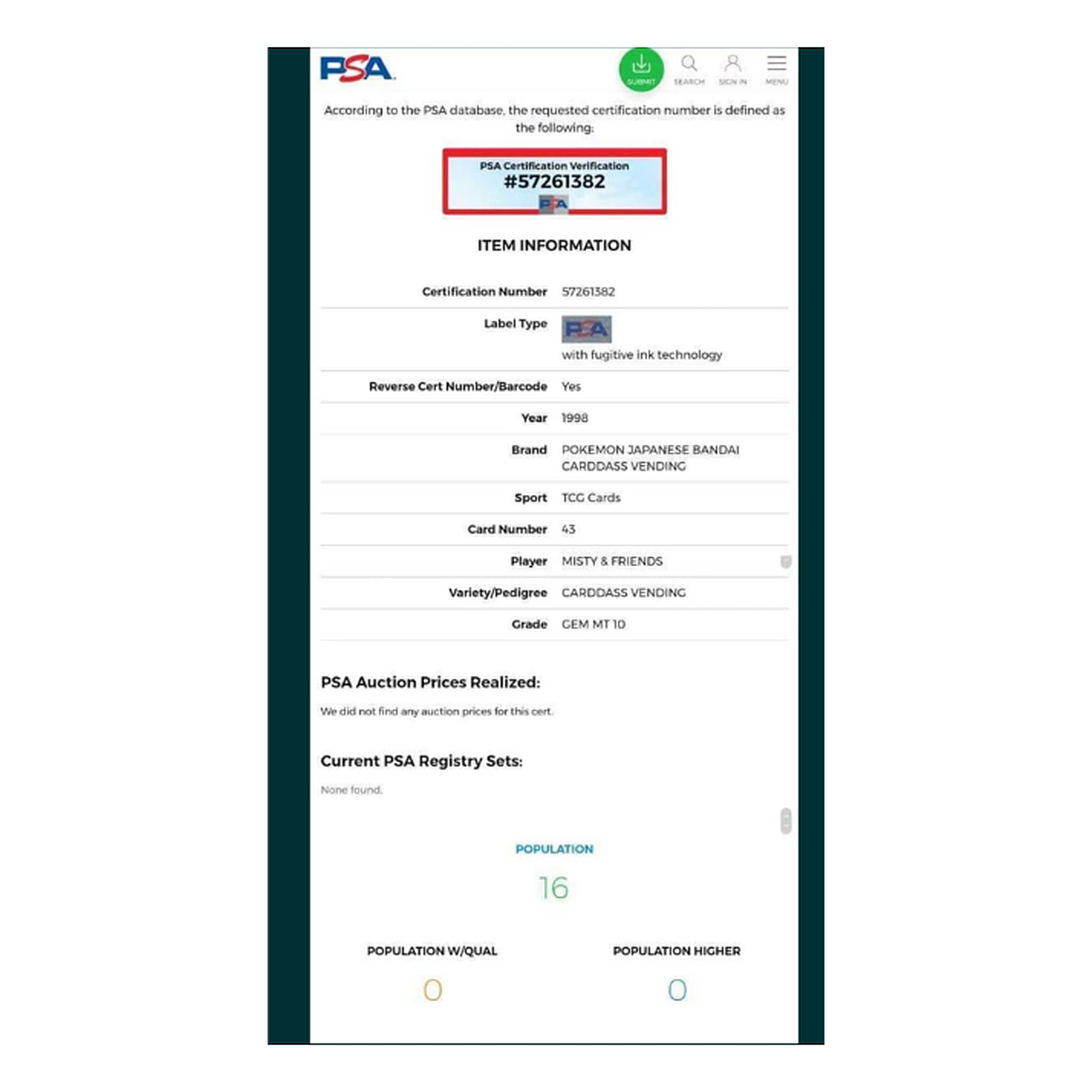 Cartonas PSA 10 GEM MINT – “Misty & Friends” #43 (1998)